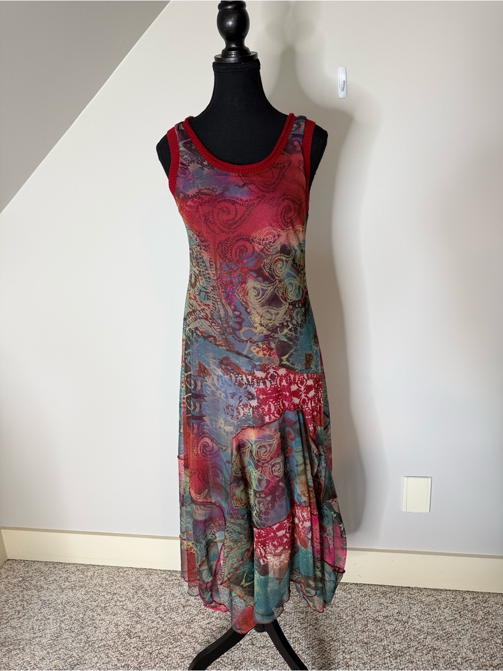 Sleeveless Double Layer Tight Mesh Midi Dress Knit Straps Paisley Flowy Medium - Picture 8 of 10